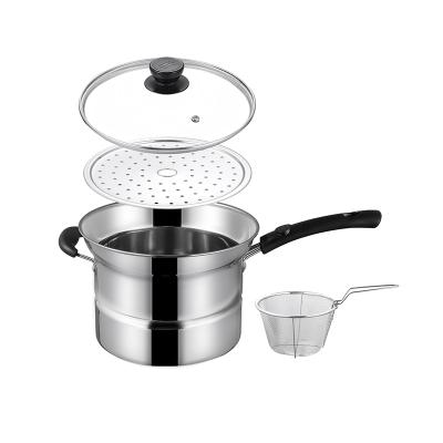 China 22cm Multifunctional Stainless Steel Noodle Pot Stocked Pasta Pot Cook Milk Fryer Pot With Frying Basket for sale