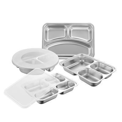 China Stainless Steel Storage Compartment Tray Canteen School Lunch Tray With Lid Bento Box Food Container for sale