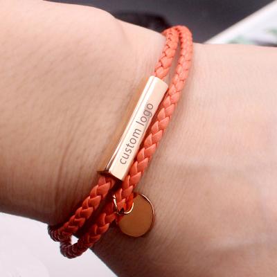 China Personalized Custom FASHIONABLE Logo Blank Bar Women Men Braided Rope Woven Wrap Couples Genuine Leather Bracelet for sale