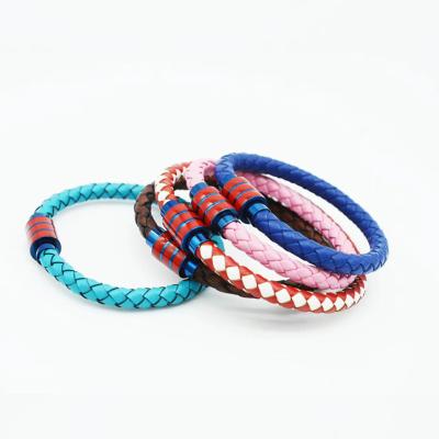 China Hiphop Couples Punk Jewelry 6mm Multicolor Genuine Leather Woven Bracelet With Magnet Clasp for sale