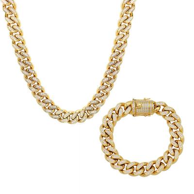 China Lead Free Nickel Free 18k Gold Plated Miami Zircon Cuban Chain Necklace With Outlet Iced Out Cuban Link Chain Stainless Steel Jewelry Set for sale