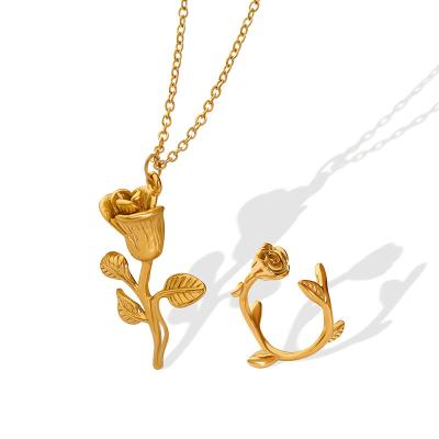 China Delicate Flower Gold Ring Design Stainless Steel Nickel Free Lead Free 18k Gold Plated Pendant Necklace Jewelry Set For Women for sale