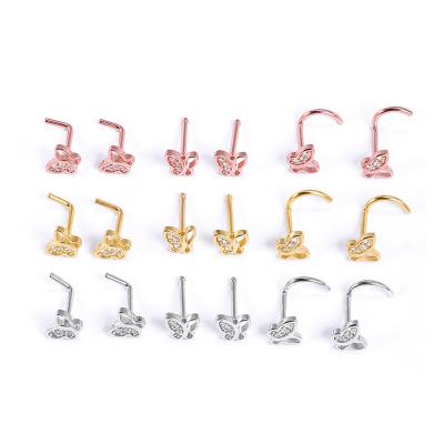 China FASHIONABLE L Shaped 316l Stainless Steel Nose Rings Gold Plated Stud Shiny Body Butterfly Nose Zircon Piercing Jewelry for sale