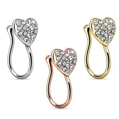 China FASHIONABLE Delicate Body Jewelry Gold Plated 316l Stainless Steel Rhinestone Heart Shaped Clip On Nose Ring For Women for sale