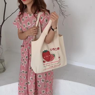 China Reusable Custom Cute Ladies Doodle Strawberry Fruit Logo Large Capacity Female Korean Shoulder Cross - Body Bag Cotton Canvas Tote Bag for sale