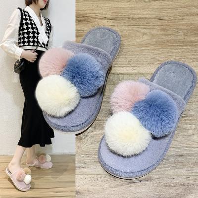 China Wholesale home ladies slippers plush wool woolen autumn and winter fashion trend ball home small bottom female comfortable soft cool wool for women for sale