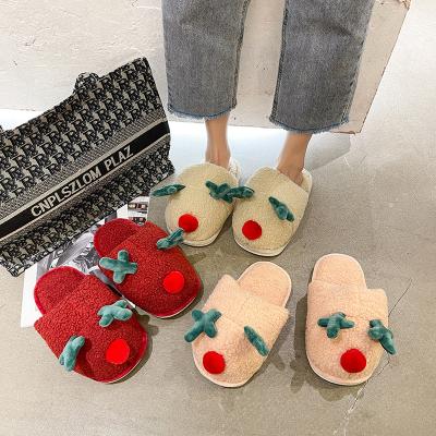 China Christmas Winter Fashion Trend Cartoon Elk Household Winter Fashion Women Ladies Slippers Luxury Female Fur Plush Hairy Sandals for sale