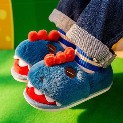 China Wholesale new deodorization children's heel dinosaur shoes boys and girls autumn and winter warm fur plush slips fluffy fur plush slippers for sale