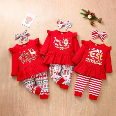 China Breathable New Year 2022 Christmas New Design Fashion Kids Clothing Babies 3 Piece Long Sleeves Tops Full Bottom And Headband Sets for sale