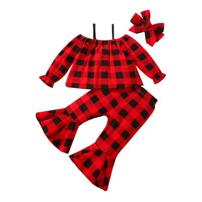 China Instagram Little Girls Breathable Red Halter Plaid Halter Top Bell Bottom Pantsuit Baby Long Sleeve 3 Piece Christmas Dress Sets for sale