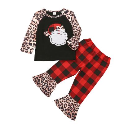 China Breathable Leopard Print Santa Embroidered Christmas Kids Long Sleeve 2 Piece Winter Top and Bottom Little Girls Baby Clothing Set for sale