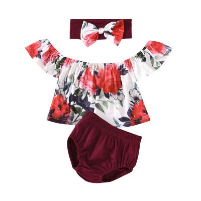 China Baby girls babay kids breathable suit wear top burgundy red print triangle short pants headband off shoulder kids wear kids set sets for sale