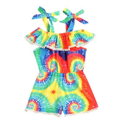 China Eco-Friendly Washable Eco-Friendly Summer Substantial Washable Bohemian Girls Wear Kids Clothing Colorful Strap Lace Up Bamboo Shorts Tie Dye Kids Romper overalls for sale