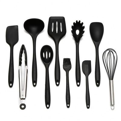 China Sustainable 12 pieces  black cooking tools sets Kitchen ware spatula silicone kitchen ware utensils and wooden handle for sale