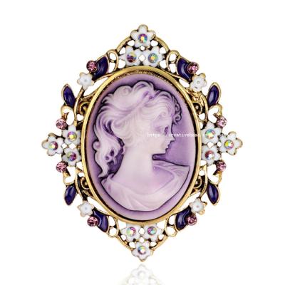 China Antique Lady Queen Cameo Brooch Rhinestone Rhinestone Enamel Jewelry Brooches Cloth Decoration 2021 Hot Selling Gold Vintage Pins for sale