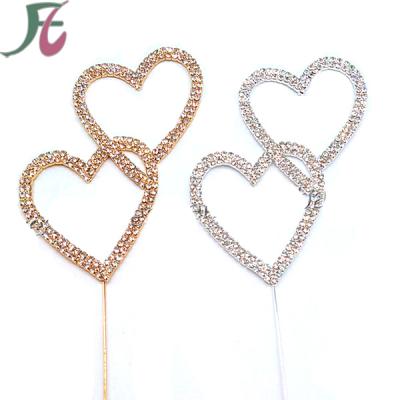 China Double Heart Shape Rhinestone Cake Topper Wedding Decoration Cake Decorating Romantic Wedding Supplies for sale