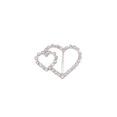 China Wholesale Nickel Free Double Heart Diamante Rhinestone Slider Rhinestone Buckle For Wedding Invitations Ribbon for sale