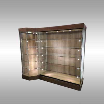 China Ships fully assembled walnut veneered showase combination forGift store showcase, souvenir glass cabinet, corner showcase for sale