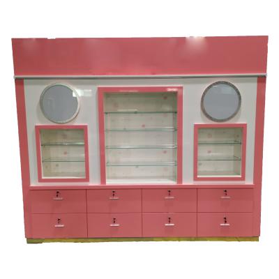 China Lockable Cosmetic Display Design Showcase With LED Lights, Pink Glass Showcase, Makeup Display Cabinet; Perfume display for sale