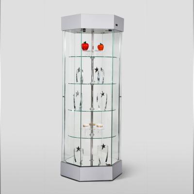 China Ships Fully Assembled Hexangular Tempered Glass Customized Souvenir Display Case / Revolving Showcase for sale