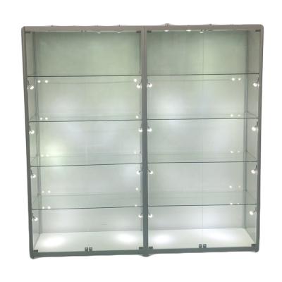 China Super Mall LED Illuminated Glass Wall Display Showcase With Tempered Glass Shelves for sale