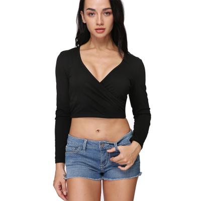 China High quality custom sexy long sleeve crop top v neckline fabric ladies anti-shrink sleeve for sale