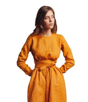 China Women Clothing Crew Neck Summer Linen Dresses Breathable Midi Midi Dress With Belt for sale