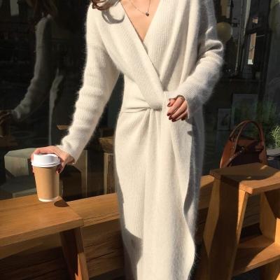 China Anti-static Belted Thick Cashmere Sweater Dress Women Fashion Lady V Neck Knitted Office Dress for sale