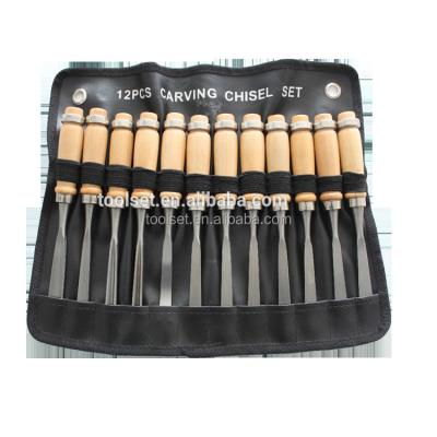 China Solid Wood Carpenter Chisel Wood Handle Wood Carving Knife 12pcs Carving Set for sale