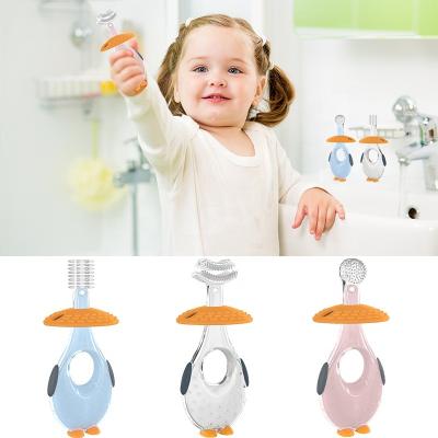 China Anti-swallow /foldable /soft silicone bristle baby silicone toothbrush suction cup soft stiffened practicing toothbrush kids toothbrush with 3 brush head for children toddlers and children for sale