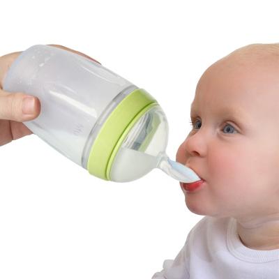 China BPA Free Silicone 250ML Soft Squeeze Baby Bottle With Dispensing Spoon For Baby Infant for sale