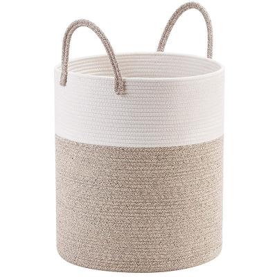 China Large Sustainable Folding Woven Cotton Rope Clothes Dirty Storage Basket Woven Laundry Storage Basket With Handle Household Sundries Basket for sale