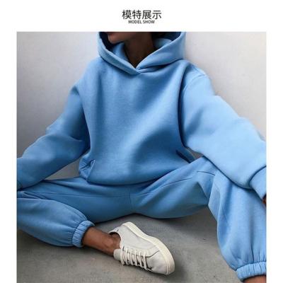 China Autumn Winter Solid Color Knitted Spring Nylon/Cotton Two Piece Set Long Sleeve Women Tracksuit Pocket Hoodie Pants for sale