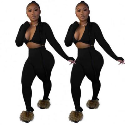 China Factory Autumn Casual Streetwear Neck Cropped Anti-Static Long Sleeve Suits Two Piece Winter Sets Pants Set Women for sale