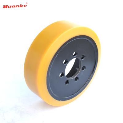 China Forklift industry rim 7 holes drive motor PU supply wheel 343*114*90mm for JUNGHEINRICH forklifts for sale