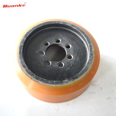 China Machinery Repair Shop Best Price 7 Holes 343*135*80mm Linde R14 R16 Forklift PU Wheel With Yellow Color for sale