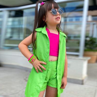 China 2023 Summer Fashion Girls Spandex / Bamboo Fiber Street Wear Sleeveless Green Jacket Three Piece Suit Toddler Casual Suit Vest Shorts for sale