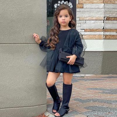 China Polyester/Cotton Kids Clothing Boutique Girls Long Sleeve Mesh Dress Princess Dress Black Dress for sale