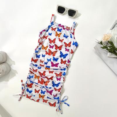 China Polyester/Cotton Toddler Girl Dress Fashion Butterfly Print Casual Sleeveless Halter Dress for sale