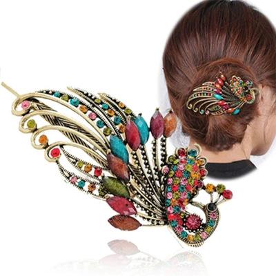 China High Quality Vintage Crystal Peafowl Hair Clip Phoenix Duck Beak Hairpin Gypsies Hair Accessary for sale