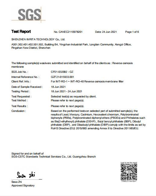 RoHS(RO MEMBRANE) - Shenzhen Imrita Technology Co., Ltd.