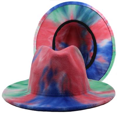 China New Arrival Plush Tie Dye Printed Color Fedora 2 Tone Hats Men And Women Brim Wide Brim Hot Sale Whole Felt Hats Party Hats for sale