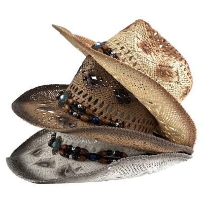 China Straw Hat Braided With Malan Turquoise Flower Image Cowboy Windproof Rope Western Hat Outdoor Sun Straw Hat Hollow Out Straw Sun for sale