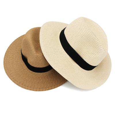 China 2022 Custom Made Lady Fedora Straw Women Man Sun Striped Wholesale Summer Beach Ribbon Panama Flat Farmer For Straw Hat Unisex for sale