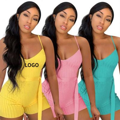 China Anti-static Hot Sale Rib Fabric Women Casual Bodycon One-piece Overalls Suspender Solid Color Short Rompers With Belt for sale