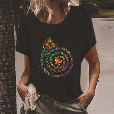 China Sustainable Women's Casual Wear T-Shirt Love Autism Awareness Shirts Short Sleeve Round Neck Autistic Support Graphic Stitches Tops for sale