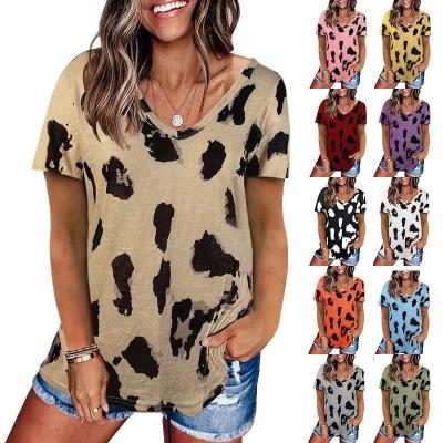 China Sustainable leopard v-neck woman blusas sheath short loose top women casual soft blouse tops female tee shirts harajuku mujer camisetas for sale