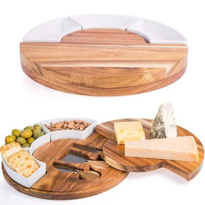 China Sustainable Round Shape Wooden Bamboo Charcuterie Board Cheese Cutting Board Serving Tray Set With Knife Set for sale