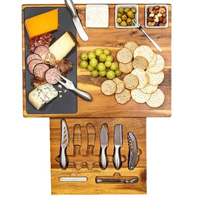 China Sustainable Slate Cheese Board with 19 Piece Charcuterie Set Includes 4 Stainless Steel Cheese Knives, Larger Acacia Serving Platter for sale