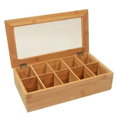 China Custom 10 Compartments Sustainable Tea Bag Storage Organizer Bamboo Tea Bag Caddy Box With Small Drawer for sale